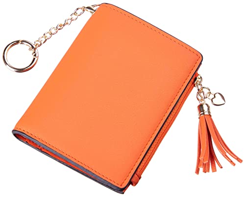 Gostwo Womens Small Bifold Slim Mini Wallet Purse With Tassel And Zippered Coin Pocket (Orange With Key Chain） #TOP13