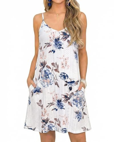 SENBATU Vestido Mujer Verano Calado Cuello en V Vestido Playa Mujer Sin Mangas Tirantes Ajustables Midi Cover Up con Bolsillos Floral Blanco Grande XXXL 52 54
