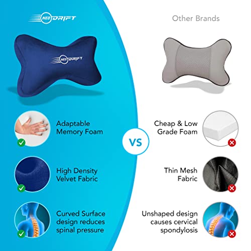 Image of Neodrift 'NeckBone' - Neck Rest Cushion Orthopedic Velvet Memory Foam Pillow for Neck, Head, Shoulder Support - Pain Relief for Car, Set of 2 (Colour-Blue)