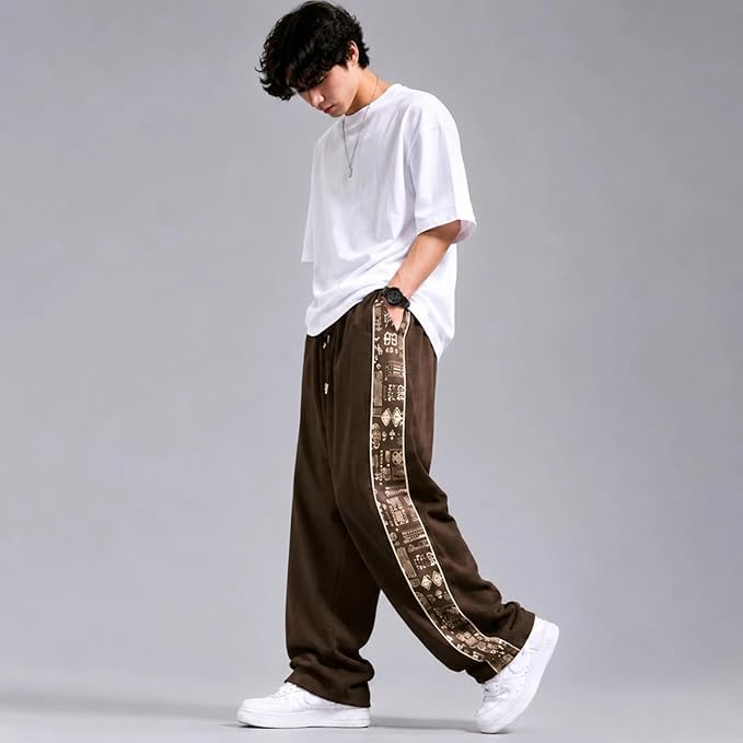 VEXUA Men's Baggy Printed Track Pants, Brown, 2XL - Image 2