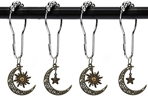 Sun Shower Curtain Hooks with Moon Stars Decor Bathroom - Rust Proof Metal Stainless Steel Curtain Rings, Decorative Shower Hook Set of 12 Gothic Rustic Modern Style Themed Decor Bedroom Bathtub