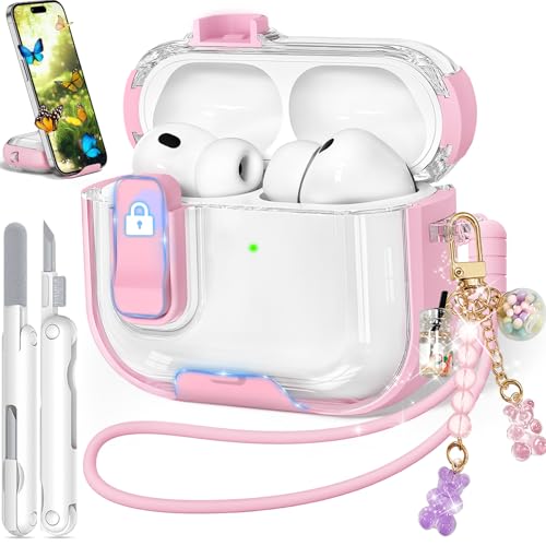 for AirPods Pro 3 Case 2025, with Keychain & Cleaner Kit, Soft TPU Cover for AirPods 3rd Generation Case with Safety Lock & Phone Stand, iPod Pro 3 Case Clear Cute Funny for Women Girls - Pink by Ekoonpft - Used condition - US$12.02