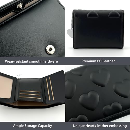Womens Wallet Small Trifold Slim Leather Cute Wallet Cash Pocket with Heart chain Coin Purse ID Window Card Holder for Girls and Ladies (Black)4