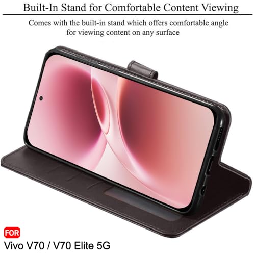 Image of TheGiftKart Flip Back Cover Case for Vivo V70 / V70 Elite 5G | Dual-Color Leather Finish | Inbuilt Stand & Pockets | Wallet Style Flip Back Case Cover (Faux Leather, Coffee & Brown)