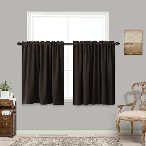 Image of KOUFALL Chocolate Brown Small Window Curtains, Thermal Short Blackout Curtains for Kitchen Over Sink Bathroom Window Cabinet Bedroom, 34W x 24 in Length