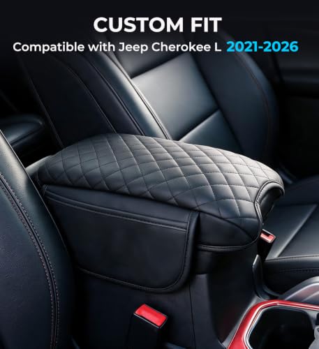 Image of Center Console Cover for Jeep Wrangler JL & Gladiator JT 2018-2026, 1.2-Inch Thick PU Leather Middle Armrest Cushion Protector Pad with 2 Side Pockets for 2018-2026 Wrangler & Gladiator, Black