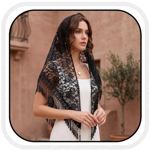 Image of Unsutuo Triangle Mantilla Veil White Lace Chapel Veils with Comb Catholic Mass Head Covering Scarf for Brides and Women