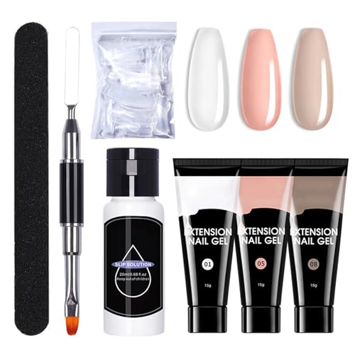 Poly Gel Nail Kit - 3 Colours Clear Nude Poly Nail Extension Kit - Nail Builder Gel Kit with Slip Solution for Polygel Nails - Polygel Nail Kit Nail Art DIY for Women