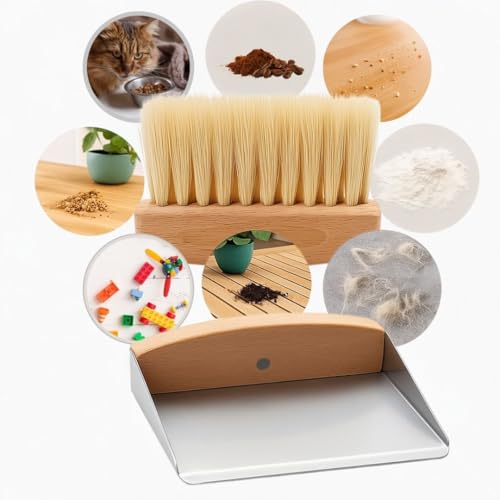 Premium 2tlg Tischkehrset Holz & Metall klein & leicht, Mini Schaufel & Besen Set magnetisch verbunden, Tischbürste Buche & Metall-Kehrschaufel, Tragbare Handfeger & Kehrblech für Küche, Büro & Kinder