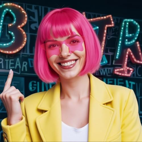 Image of ANOGOL Hot Pink Bob Wig with Bangs Pink Wigs for Women Colored Wigs Party | Hair Cap+Sunglasses Short Neon Wig for Bachelorette Party Funny Outfit for Women Halloween Costume Night Club Crazy Hair Day