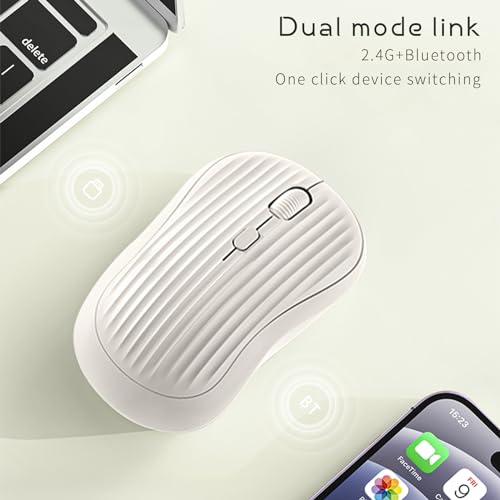 Image of ONE-UP Wireless Mouse, 2.4G + Bluetooth, Rechargeable Battery, 4-Key, DPI: 800 /1200 /1600, Silent, Type-C, USB Nano Receiver, Ergonomic, Portable, for Laptop, Chromebook, PC, Mac, Windows (Beige)