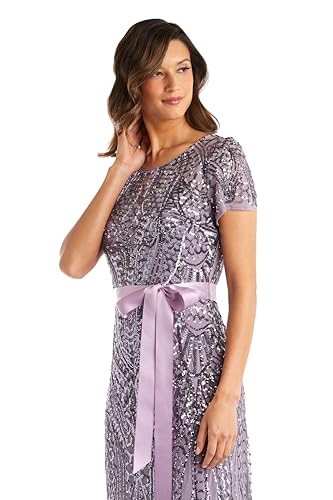 Image of R&M Richards Women's Sequin Evening Gown with Panel Godet Skirt, Ribbon Sash & Short Sleeve for Mother of the Bride, Party