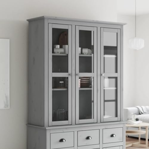 Lumanois Armoire avec Portes vitrées BODO Gris Bois de pin Massif Buffets & bahuts Gris,355079