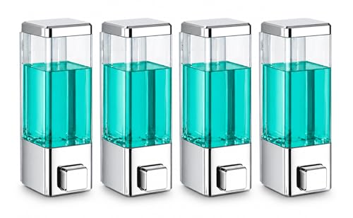 Image of BATH GURU Wall Mounted Soap Dispenser 350ml (Pack of 4) | Manual Liquid Soap, Sanitizer & Hand Wash Dispenser | ABS Plastic Shampoo Conditioner Dishwash Dispenser for Bathroom, Kitchen | Chrome Finish