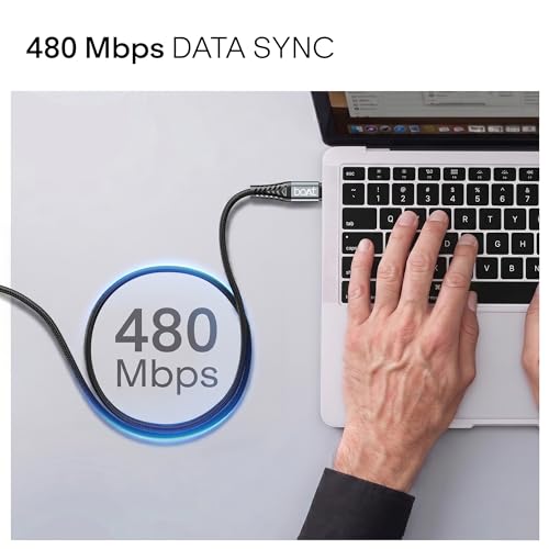 Image of boAt FlexiCharge 200 Cable with 2-in-1 Connectivity Type-C to Type-C + USB-A; 60W PD Fast Charging, 480 Mbps Data Sync, 1.2 m,10000+ Bends Lifespan, For Apple, OnePlus, Android, Laptop (Carbon Black)