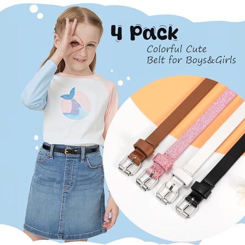 WERFORU 4 Pack Kids Thin Belt for Dress Jean Teen Leather Belt with Gold buckle Silver Buckle Glitter Skinny Belt for Girls4