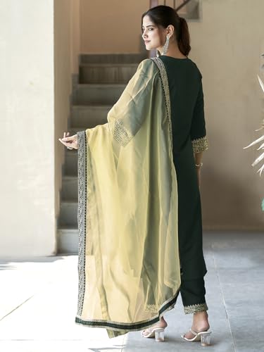 Image of Sanisa Women's Silk Sequence Embroidery Work Straight Kurta With Pant And Dupatta | Ethnic Set | Suit Set | Kurta Set(104KBD1136N-M Dark Green)