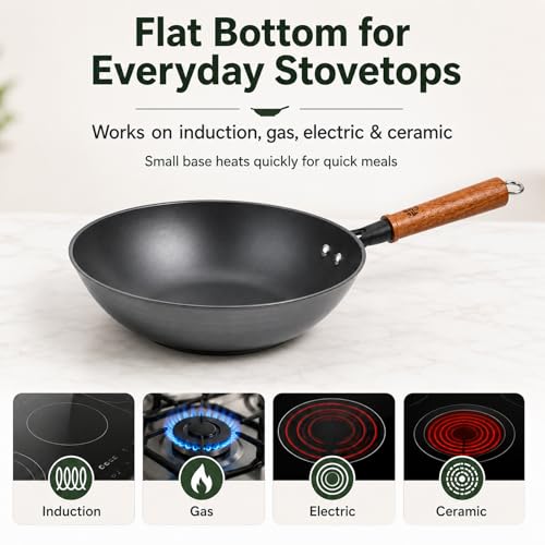 Image of WANGYUANJI 10 Inch Small Carbon Steel Wok Pan with Glass Lid, Lightweight Flat Bottom Stir Fry Pan, Nitrided No Chemical Coating Wok for Induction, Gas & Electric, 1-2 Servings