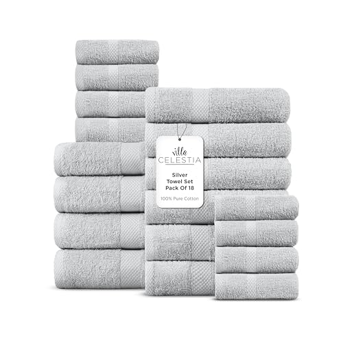 Image of Villa Celestia 18-Piece 100% Cotton Towel Set, 4 Bath Towels, 6 Hand Towels, 8 Wash Cloth, Quick-Dry, Silver