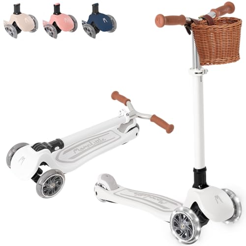 MomnLittle Kick Scooter with Basket for Kids Ages 3-10 (White) 3 Wheeled with LED Light-Up Wheels CPSC Certified Foldable and 4 Height Adjustable Toddler Scooters for Boys Girls