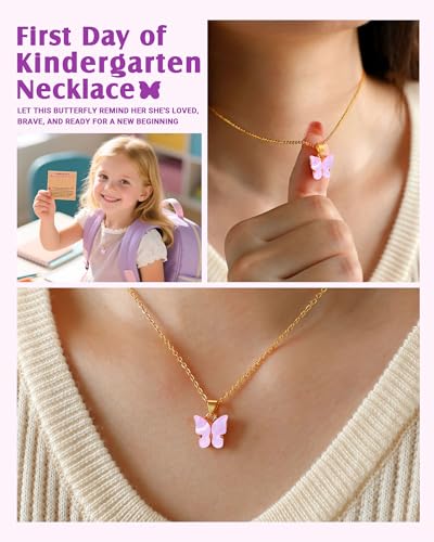 First Day of Preschool/Kindergarten, Purple Butterfly Necklace Back to School Gifts for Kids Girls2