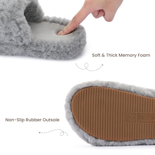 Image of RockDove Women's Pluffie Open Toe Slippers | Arch Support & Memory Foam, Cozy Faux Fur, Gift-Ready Design, Indoor & Outdoor Comfort