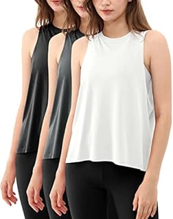ODODOS 3-Pack Loose Tank Tops for Women Sleeveless Gym Athletic Workout Tops Basic Yoga Shirts, Black, Charcoal, White, Medium