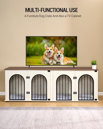 Dog Crate Furniture, 71″ Heavy Duty Dog Kennels with Divider, Pads, Side Table, TV Cabinet, Wooden Dog Crate Furniture for 2 Dogs, Small/Medium/Large Dog, Anti-Chew, Anti-Escape, White Brown Dog Crate Furniture, 71″ Heavy Duty Dog Kennels with Divider, Pads, Side Table, TV Cabinet, Wooden Dog Crate Furniture for 2 Dogs, Small/Medium/Large Dog, Anti-Chew, Anti-Escape, White Brown
