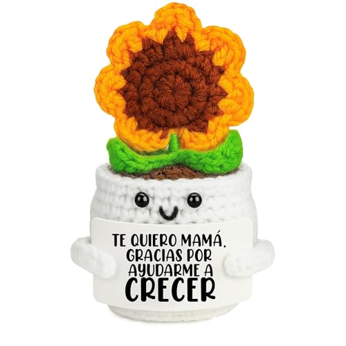 Girasol de Crochet Tejido a Mano - Regalo Madre, Regalo para Mama| Maceta con Peluche y Tarjeta 'Te Quiero Mama Gracias por Ayudarme a Crecer' | Decoración para Mamá | 10.5 cm