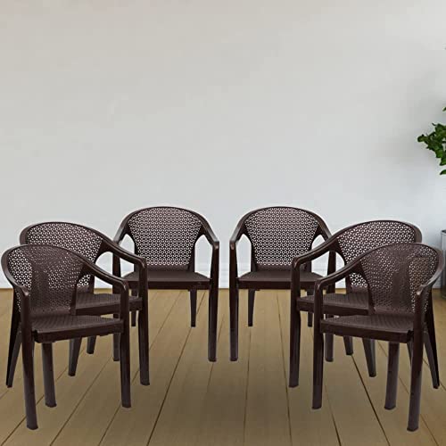 Image of ITALICA Oxy Plastic Arm Chair for Home /Glossy+Matte Finish Chair for Office, Living Room, Dining Room, Kitchen /Plastic Chairs for Balcony (5202, Brown, Set of 2 Chair, KFE)