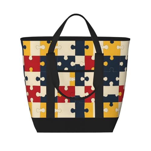 Sac d'épicerie isotherme réutilisable grand format à motif puzzle coloré