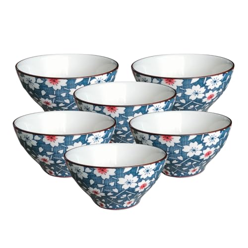 Image of Lellow Premium Ceramic Bowl Set of 6 - Handcrafted Blue Floral Print Bowls for Soup, Noodles, Snacks & Desserts - Microwave & Dishwasher Safe, 300ml