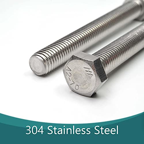 Image of Heyiarbeit M12 Hex Bolt M12-1.75 x 100mm UNC Hex Head Screw Bolts 304 Stainless Steel Fully Threaded Hex Tap Bolts 2pcs