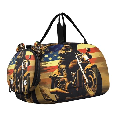 American Flag Motorcycle Kids Overnight Sports Duffel Bags with Shoe Compartment & Wet Pocket Travel Sport Gym Bag for Girls Boys