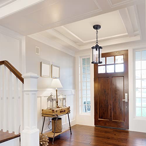 Goalplus 11.8” High Outdoor Pendant Light Fixture, Matte Black Hanging Porch Light, Farmhouse Exterior Ceiling Lantern With Clear Seeded Glass For Hallway, Height Adjustable, 1 Pack, Lmsp1400Bk-S #TOP4