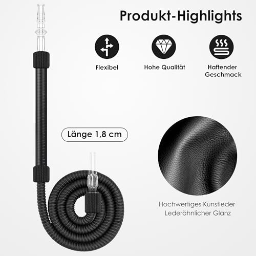Luna Traditioneller Leder Shisha Schlauch mit Plastik Mundstück, Tradi Shisha Schlauch mit Kunstleder, Hochwertiger Shisha Schlauch Traditionell für 18/8 Schliff - 1,8m (Schwarz)