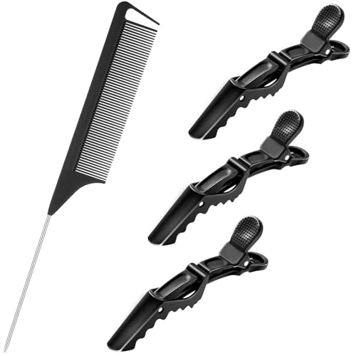 Image of Rat Tail Comb Parting Combs for Braiding Hair Carbon Styling Steel Pin Carbon Fiber Heat Resistant Teasing Barber Combs with 3 Pieces Plastic Styling Hair Clips for Hair Stylist (Black)