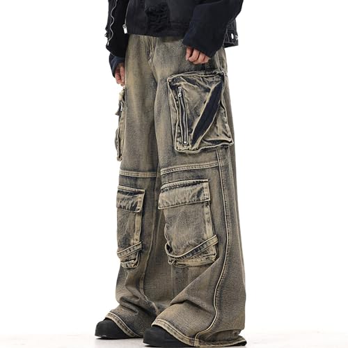 XYXIONGMAO Men's Loose Tactical Hip Hop Jeans Techwear Cargo Pants Grey Wasteland-Style Multi-Pocket Pants for Men2