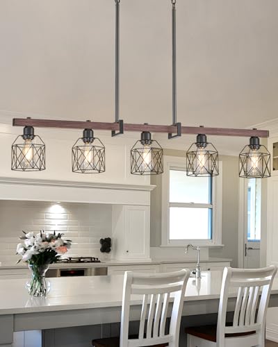 Rjieoc 5-Light Industrial Kitchen Island Lighting with Wood Grain Bar and Black Metal Cage, Farmhouse Rustic Hanging Ceiling Lamp for Dining Room, Living Room - image 1