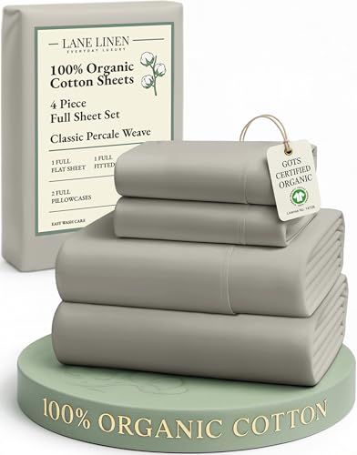 Image of LANE LINEN 100% Organic Cotton Eco Friendly Full Size Sheet & Pillowcase Sets, 15 inch Deep Pocket Fully Elasticized Soft & Comfy Percale Bedding, Naturally Temperature Regulating Sheets Full- Silver