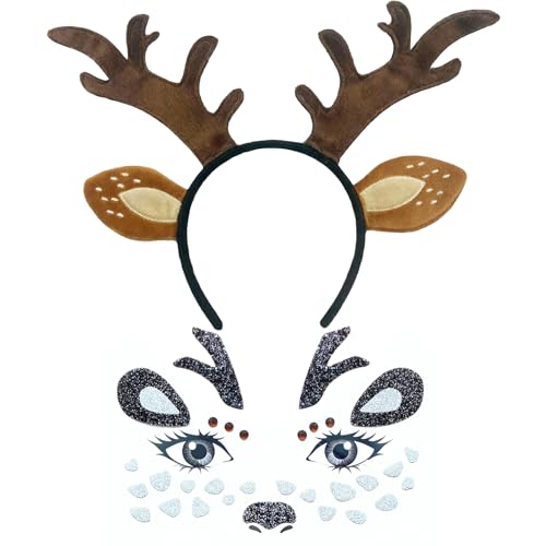 Nonzmun Christmas deer antlers headband Brown Reindeer Ear Headband Deer Face Tattoo Funny Reindeers Costume Accessories for Carnival Christmases Elves Party Favours