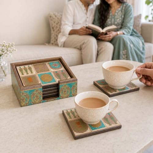 Image of The Earth Store Premium Mughal Heritage Wooden Coaster Set of 6 with Matching Holder - Engineered Wood with Resin Art Wooden Coaster | Tea Coaster Set of 6 | Square Coaster Set for Dining Table