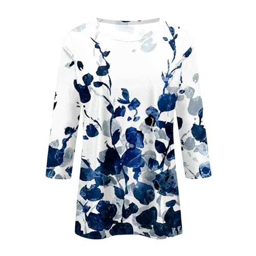 HTHLVMD Womens 3/4 Length Sleeve Tops 2025 Fall Fashion Floral Print Crewneck Causal Trendy Tunic Tops for Women