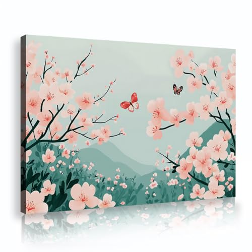 Fleur de Cerisier Toile Rose Paysage Chinoiserie Grand Tableau Encadré Salon