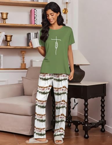 Image of Ekouaer 2 Pack Pajamas for Women Set Short Sleeve Sleepwear Top and Pants Pjs Soft Printed Lounge Sets with Pockets