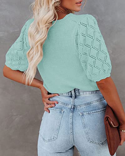 Image of Womens Short Sleeve Sweaters Crewneck Knit Pullover Tops 2025 Summer Casual Lightweight Crochet Blouse Shirt