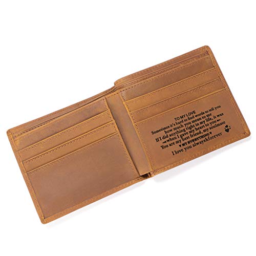 Personalized Engraved Leather Wallet for Boyfriend Husband from Wife Girlfriend - Anniversary Valentines Christmas Birthday Wedding - Minimalist Mens Bifold Purse with Romantic Message - I Love You
