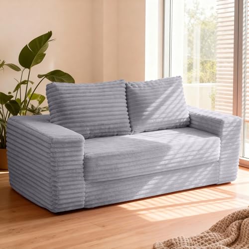 Image of HABUTWAY 62 inch Small Boneless Couch,3-in-1 Convertible Folding Sofa Bed, Corduroy Loveseat Sofa Bed w /2 Pillows for Living Room /Guest Room No Assembly Required, Light Grey