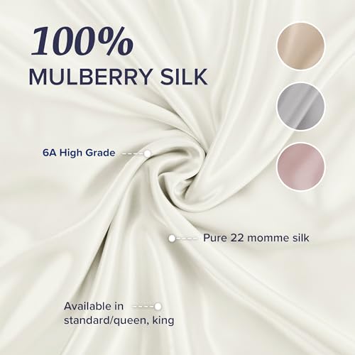 Image of Beckham Hotel Collection Silk Pillow Case with Zipper, 100% Mulberry Silk Pillowcase for Hair & Skin, 22 Momme 6A Grade, Oeko-TEX Certified, 1PC, King, Ivory
