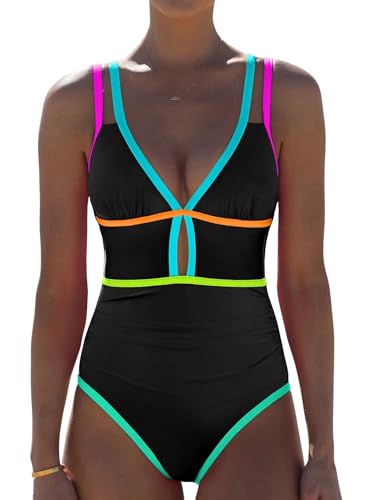 Image of popvil Women One Piece Swimsuit 2026 Tummy Control Sexy Cutout Neon Color Block Bathing Suit Slimming Adjustable Swimwear
